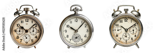 Vintage Alarm Clocks Isolated on Transparent Background