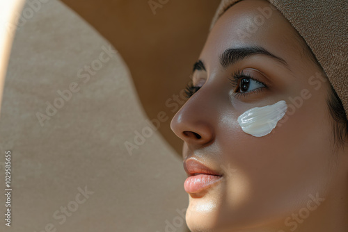 arabican women applying cream to her face. Hydration. Cream smear. Beauty close up portrait of young woman with a healthy glowing skin is applying a skincare product. photo