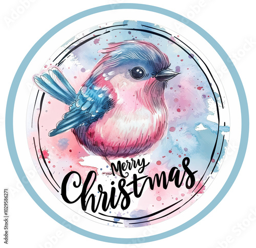 Playful bullfinch winter sticker for Christmas and New Year, designed in PNG format to brighten up your holiday season. photo