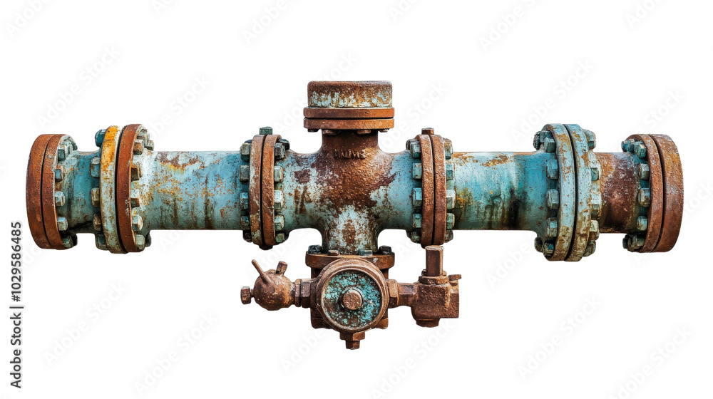 Rusty industrial pipe with valves and bolts, showing signs of wear and corrosion. Perfect for concepts of decay, industry, or machinery. Rusty industrial pipe with valves and bolts, showing signs of wear and corrosion. Perfect for concepts of decay, industry, or machinery.