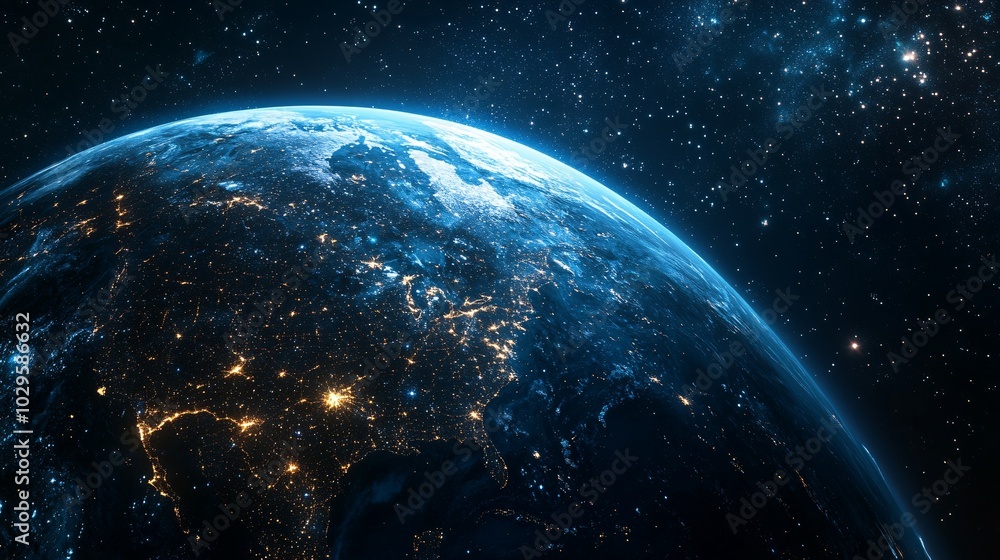 Obraz premium Earth at Night with City Lights and Stars
