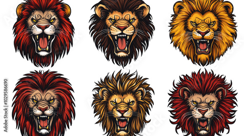 Set of Roaring Lion King Head Tattoos on a White Background Generative AI photo