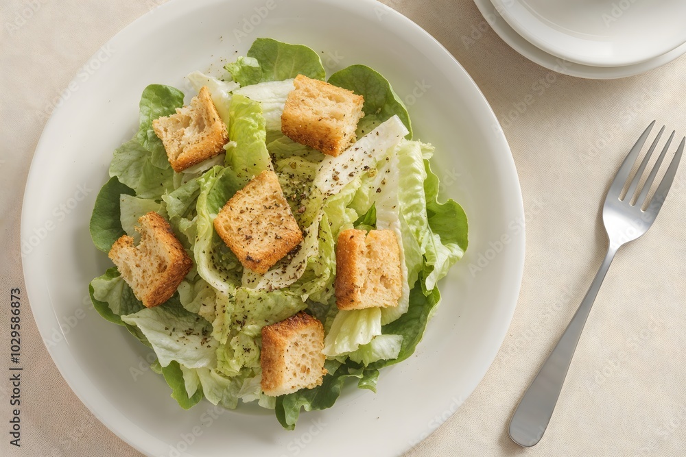 Fresh Caesar salad with crunchy croutons on a white plate. Fresh Caesar salad with crunchy croutons on a white plate.