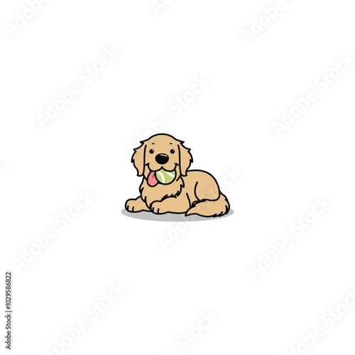 Cute golden retriever with tennis ball laying down cartoon, vector illustration