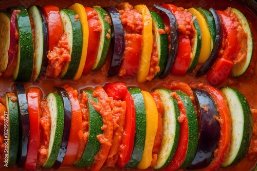 Colorful ratatouille with zucchini, eggplant, and bell peppers baked in rich tomato sauce. photo