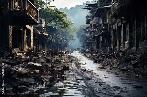 Street of a city abandoned long ago and without inhabitants. photo