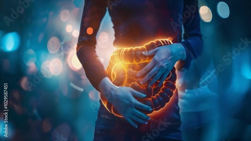 Celiac Disease. Digestive Issues and Malnutrition Hand Holding Stomach Xray.