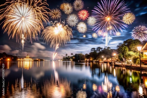 Stunning Fireworks over Lake during Diwali Festival Celebration at Night