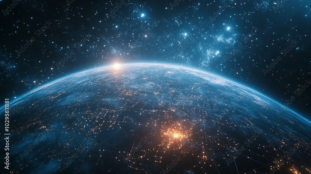 Earth from Space with City Lights and Interconnected Lines Earth from Space with City Lights and Interconnected Lines