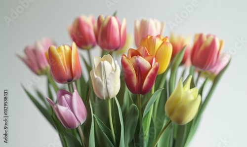 Bouquet of colorful tulips, white background, 4K hyperrealistic photo