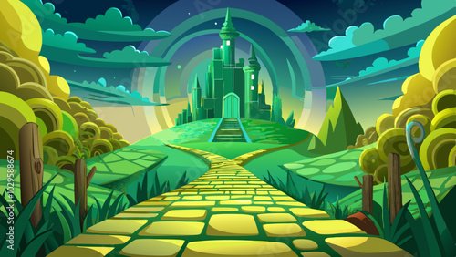 green brick road leading to the enchanted emerald city in a fantasy world of magicians, majestic buildings, and seasonal beauty.