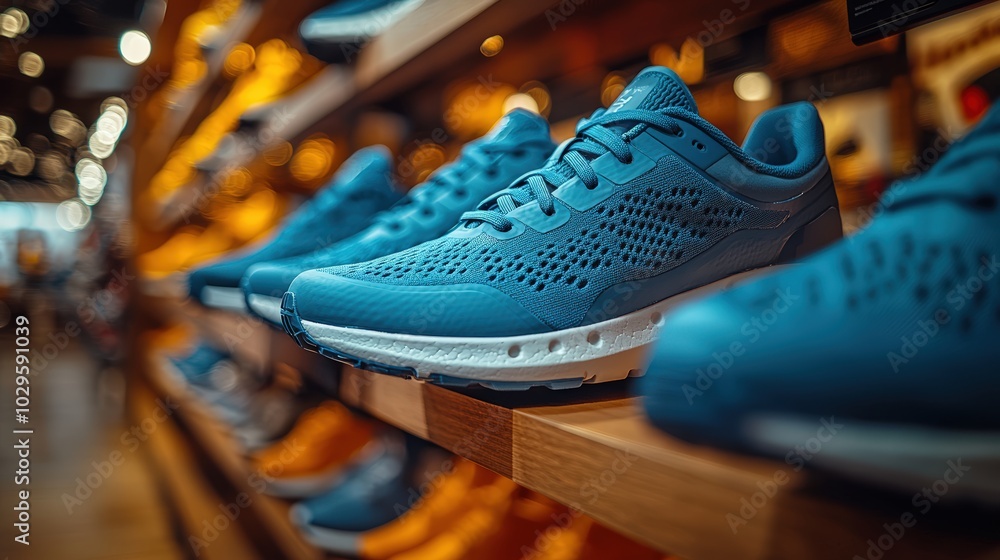 Running sport footwear shoes collection in a store shop. Choosing from many different sneakers on a shelf, copy space, shopping consumerism customer Running sport footwear shoes collection in a store shop. Choosing from many different sneakers on a shelf, copy space, shopping consumerism customer