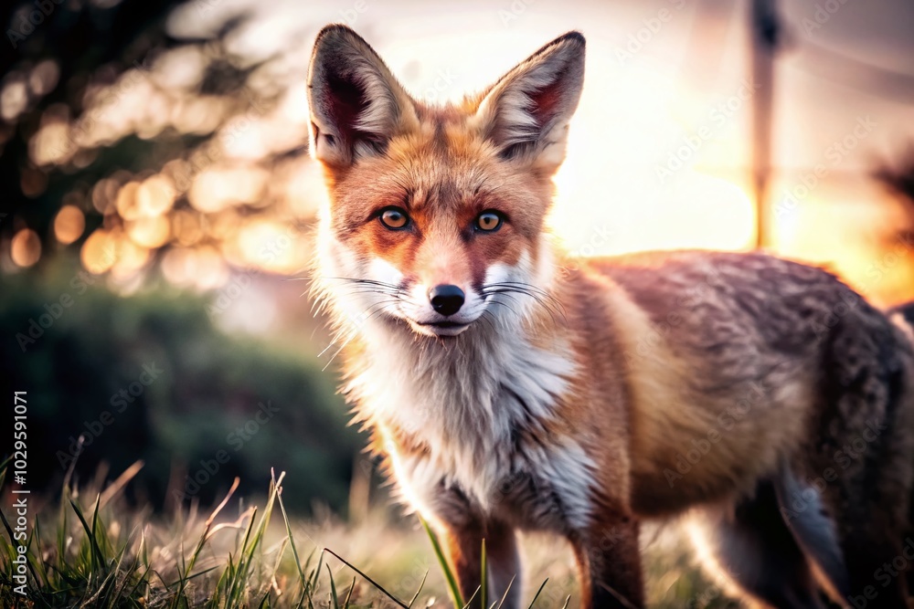 Fototapeta premium Stunning Low Light Photography of a Beautiful Fox in Grass at Dusk