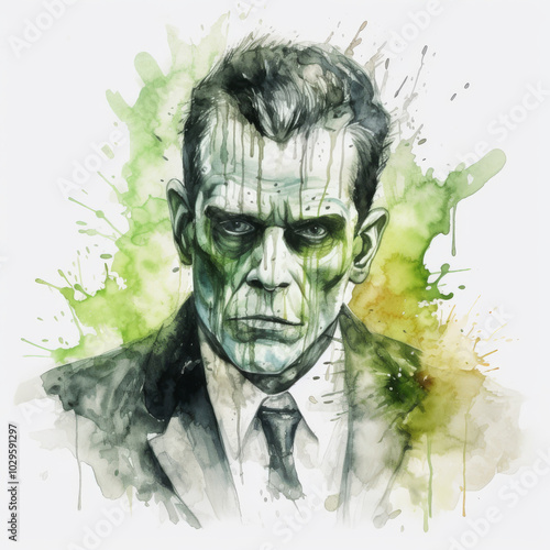 Artistic Watercolor Illustration of Creepy Frankenstein Monster - Abstract Halloween Horror Art photo