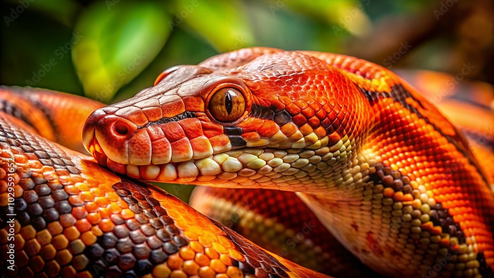 Fototapeta premium Stunning Macro Photography of Coral Sunglow Colombian Red-tailed Boa in Nature