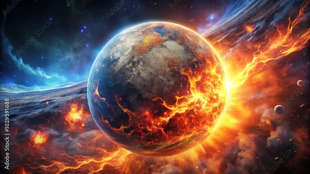 A fiery planet explodes in a cosmic spectacle, leaving behind a trail of destruction and debris. A fiery planet explodes in a cosmic spectacle, leaving behind a trail of destruction and debris.