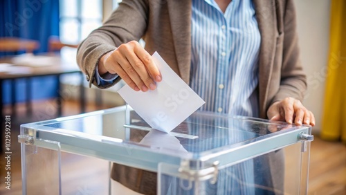 A person casts their vote by dropping a ballot into a transparent ballot box. A simple, yet powerful act of civic engagement.