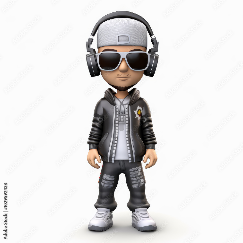 Trendy Hip Hop Figure with Headphones, Cap, and Sunglasses - Cool Urban Style Cartoon Character Illustration Trendy Hip Hop Figure with Headphones, Cap, and Sunglasses - Cool Urban Style Cartoon Character Illustration