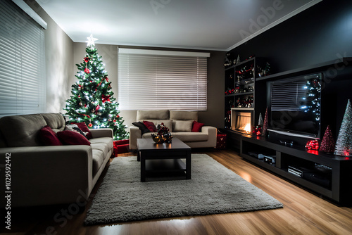 Cozy living room decorated for Christmas with a tree, warm lighting, and holiday decor during the evening photo