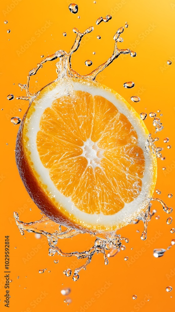Orange Slice Splashing in Water on Yellow Background Orange Slice Splashing in Water on Yellow Background