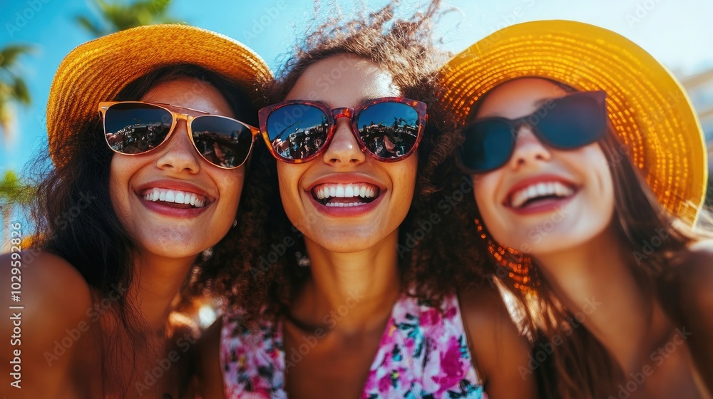 Group of friends wearing sunglasses, smiling and enjoying a colorful festival under the bright sun. High resolution illustration Group of friends wearing sunglasses, smiling and enjoying a colorful festival under the bright sun. High resolution illustration