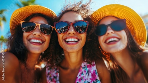 Group of friends wearing sunglasses, smiling and enjoying a colorful festival under the bright sun. High resolution illustration