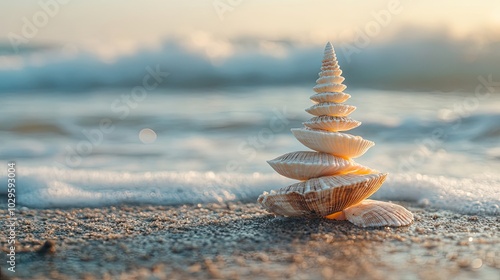 Christmas Tree Stacked Seashells on a Sandy Beach During Sunset Generative AI