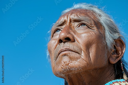 Portrait of a person of a Native American from the USA. Background with selective focus and copy space for text