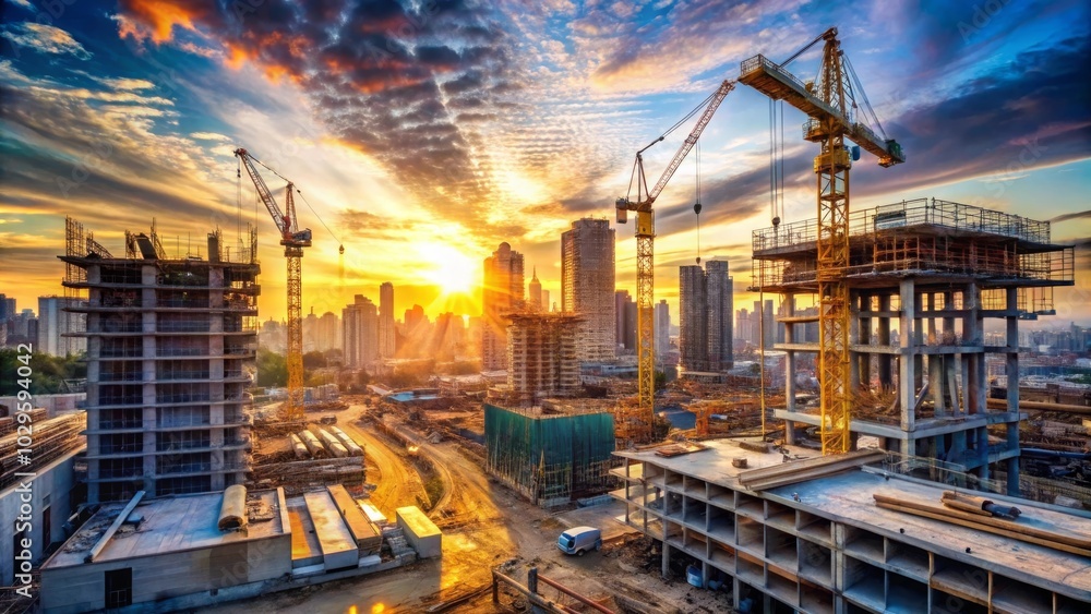 Construction site in a city during a stunning sunset. The cranes and unfinished buildings create a dynamic and powerful image of progress. Construction site in a city during a stunning sunset. The cranes and unfinished buildings create a dynamic and powerful image of progress.