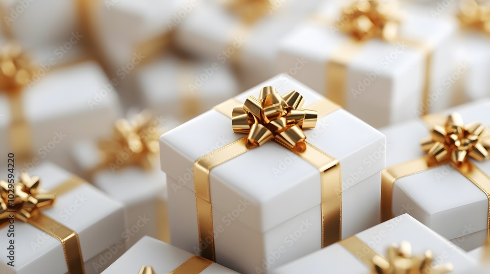 Stack of White Gift Boxes with Gold Ribbon and Bows Stack of White Gift Boxes with Gold Ribbon and Bows