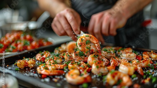 A chef preparing shrimp garnished with herbs on a cooking tray.