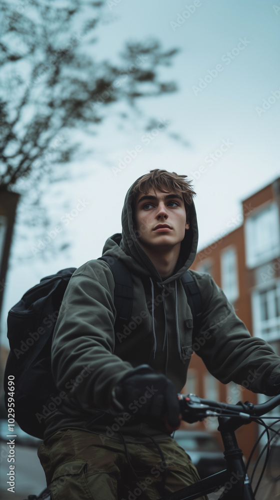 young man in a hoodie with attitude and urban style riding a bicycle in the city
