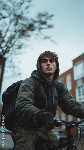 Obraz na płótnie young man in a hoodie with attitude and urban style riding a bicycle in the city w salonie