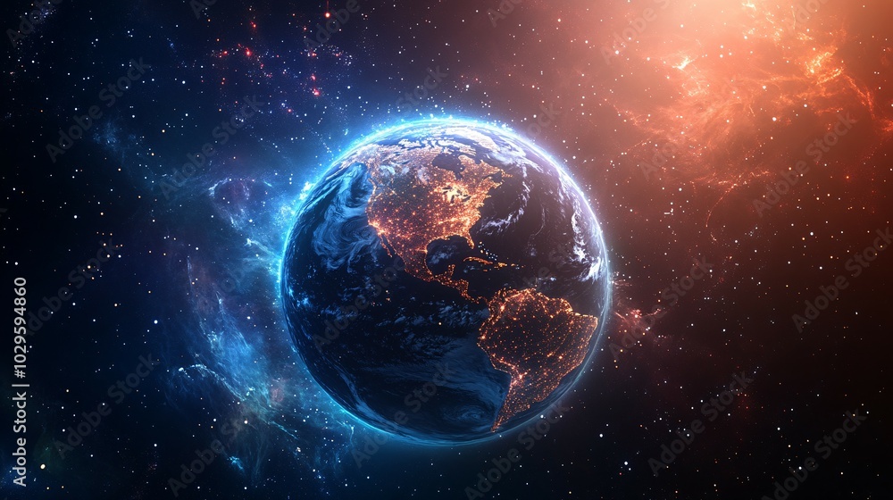 Earth in Space with Glowing City Lights and a Nebula Earth in Space with Glowing City Lights and a Nebula