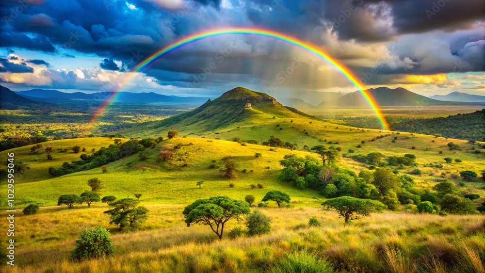 Naklejka premium Stunning Rainbow Over Taita Hills in Kenya's Savannah - Safari Landscape Photography