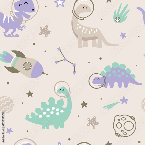 Childish Dinosaurs in the space seamless pattern. Cute dinos around planers and stars in flat style.