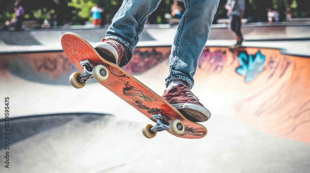 Skateboarder in mid-air, performing a trick over a concrete ramp Skateboarder in mid-air, performing a trick over a concrete ramp