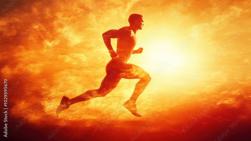 Runner in full stride against the backdrop of a glowing sunrise, symbolizing health, fitness, and determination Runner in full stride against the backdrop of a glowing sunrise, symbolizing health, fitness, and determination