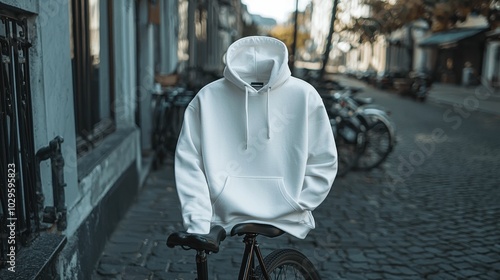 A white hooded sweatshirt hangs on a bicycle in a cobblestone street, highlighting urban fashion. The setting features a calm European vibe. photo