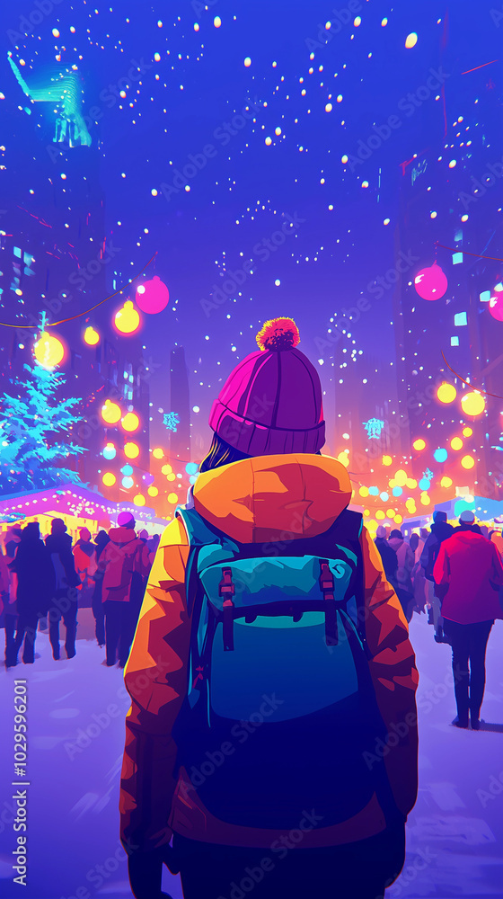 illustration of a young girl in winter attire with a backpack at a christmas party with vibrant colors and a background of yellow and pink lights