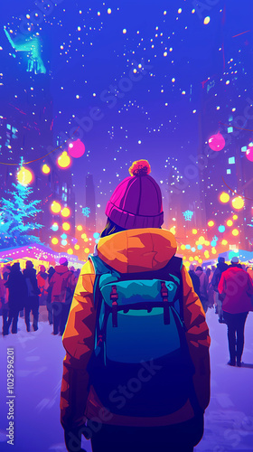 Obraz na płótnie illustration of a young girl in winter attire with a backpack at a christmas party with vibrant colors and a background of yellow and pink lights w salonie