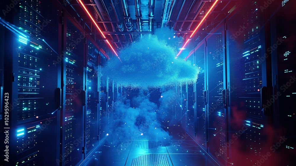Cloud Computing Server Room with Blue and Red Lights Cloud Computing Server Room with Blue and Red Lights