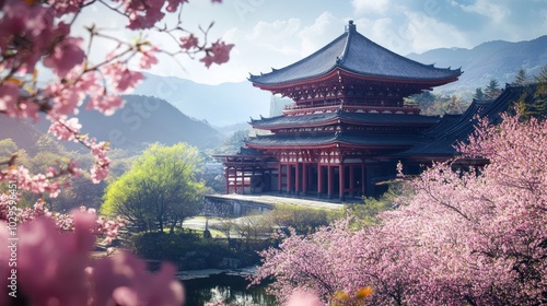 Japanese Temple with Cherry Blossoms