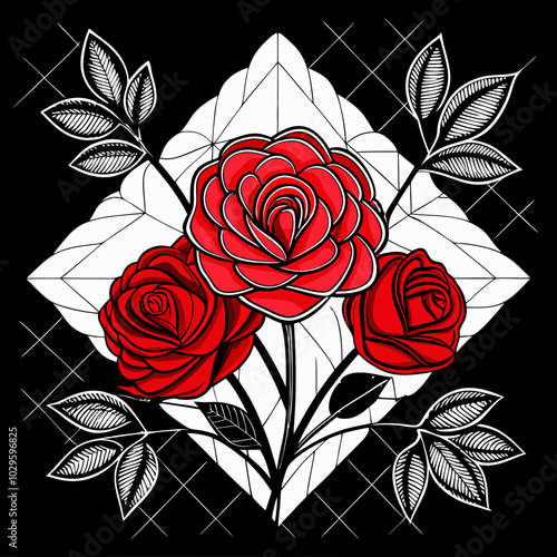  monochromatic line art quilt of flowers, pattern white background black foreground sharp edges with just one red velvet rose and space for typography, pattern white background black foreground sharp 