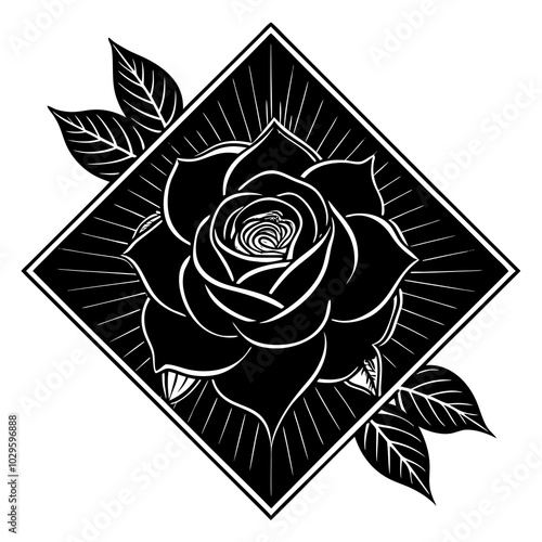  monochromatic line art quilt of flowers, pattern white background black foreground sharp edges with just one red velvet rose and space for typography, pattern white background black foreground sharp 