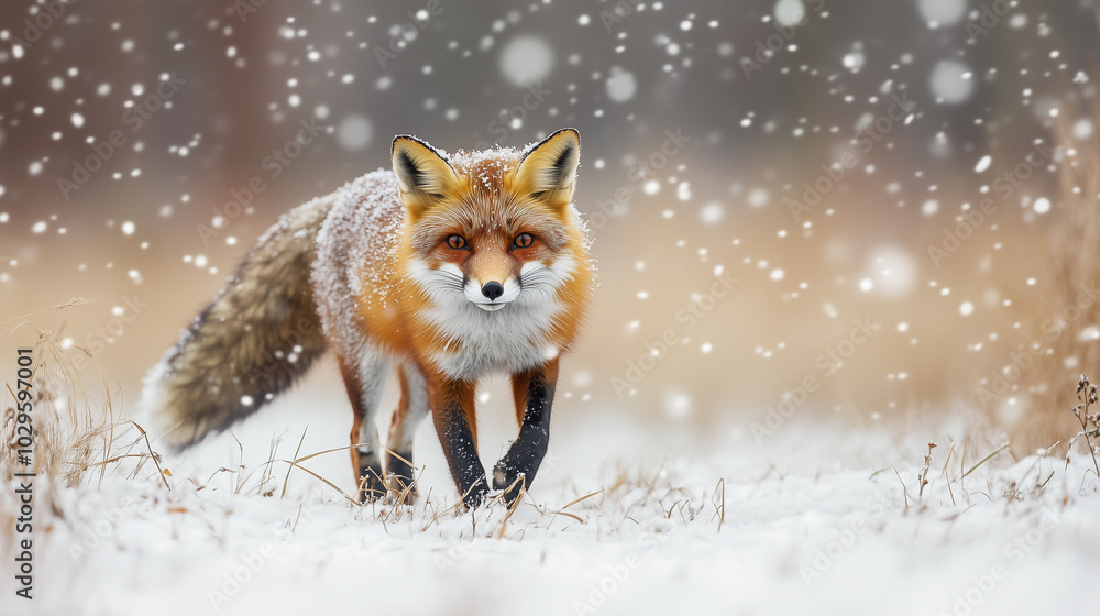 Red Fox Walking Through Snow in Winter Red Fox Walking Through Snow in Winter