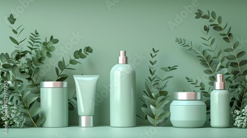 A collection of mint-colored skincare products surrounded by greenery.