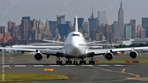 Airplane Taxiing on Runway with New York City Skyline in Background