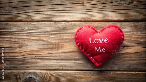 A red felt heart with the words "Love Me" stitched on it lies on a rustic wooden background. This is a perfect image for Valentine's Day, romantic gestures, or simply expressing love.