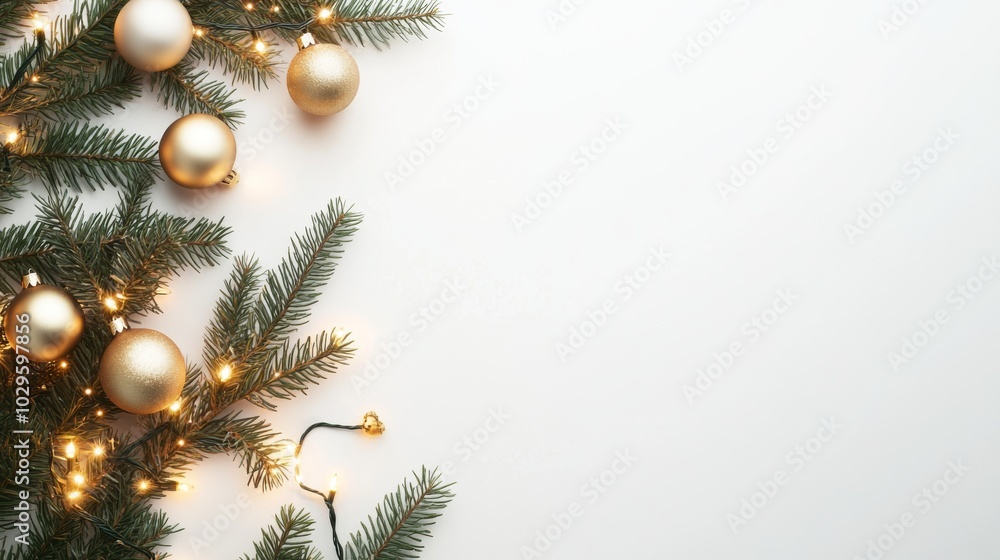 A festive arrangement of evergreen branches and golden ornaments, creating a warm, inviting frame for holiday messages or decorations. copy space A festive arrangement of evergreen branches and golden ornaments, creating a warm, inviting frame for holiday messages or decorations. copy space